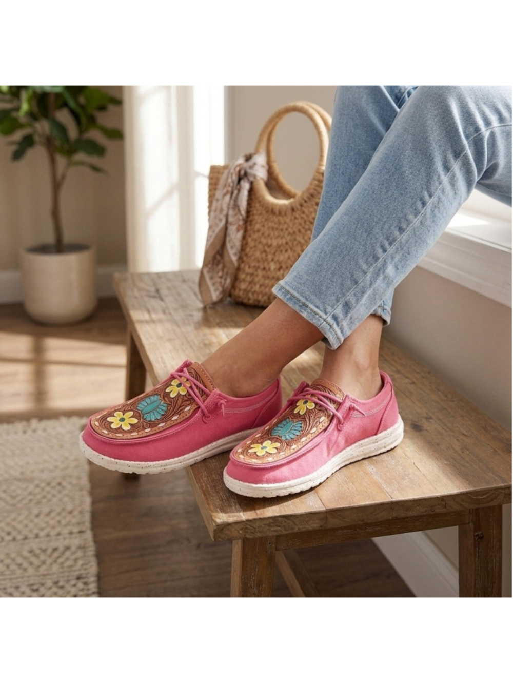 American Darling Pink Dancing on Daises Leather and Canvas slip ons